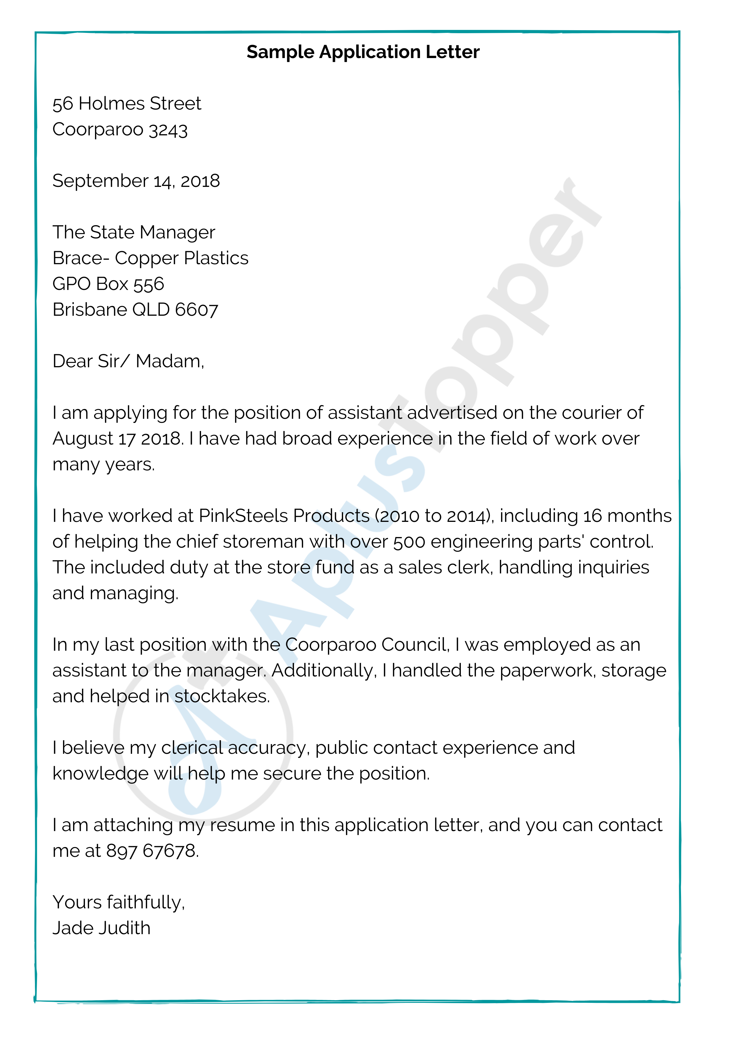 example of application letter sample