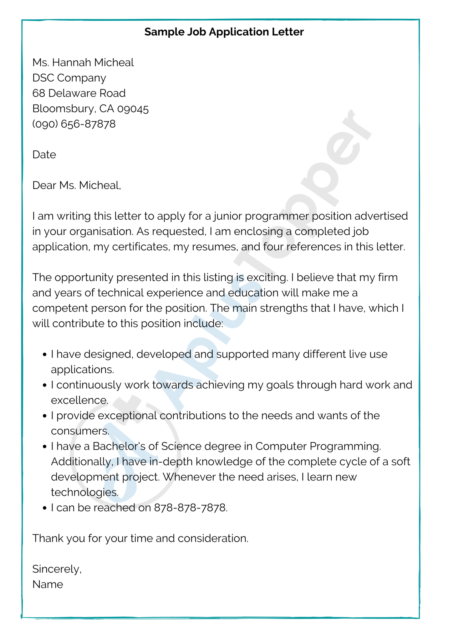 sample of written job application letter