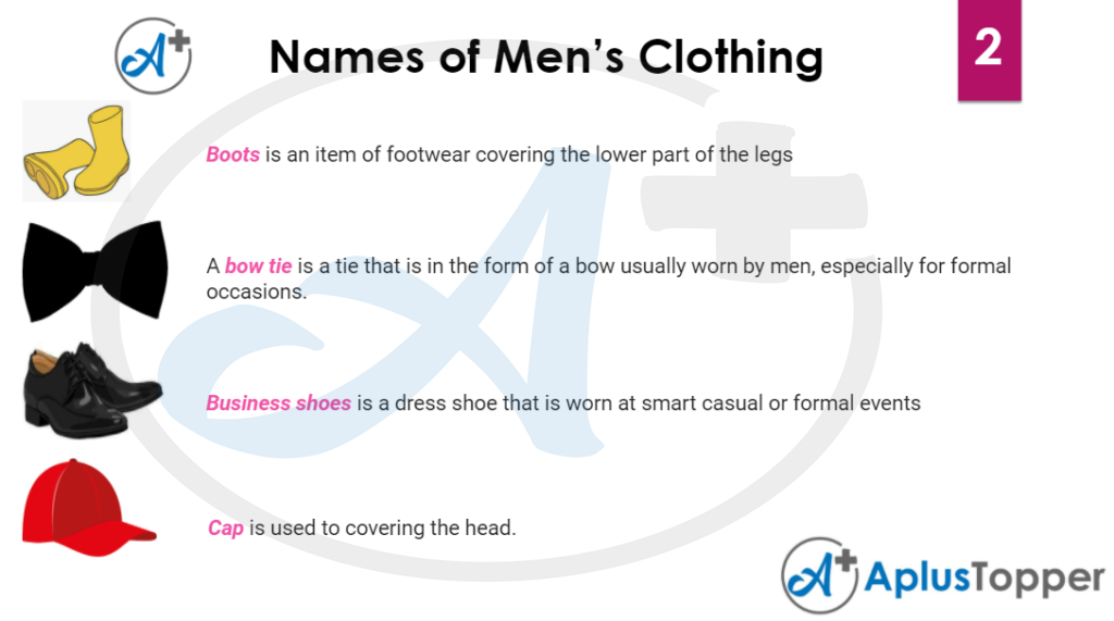 Men's and Women's Wear Names List in English With Images