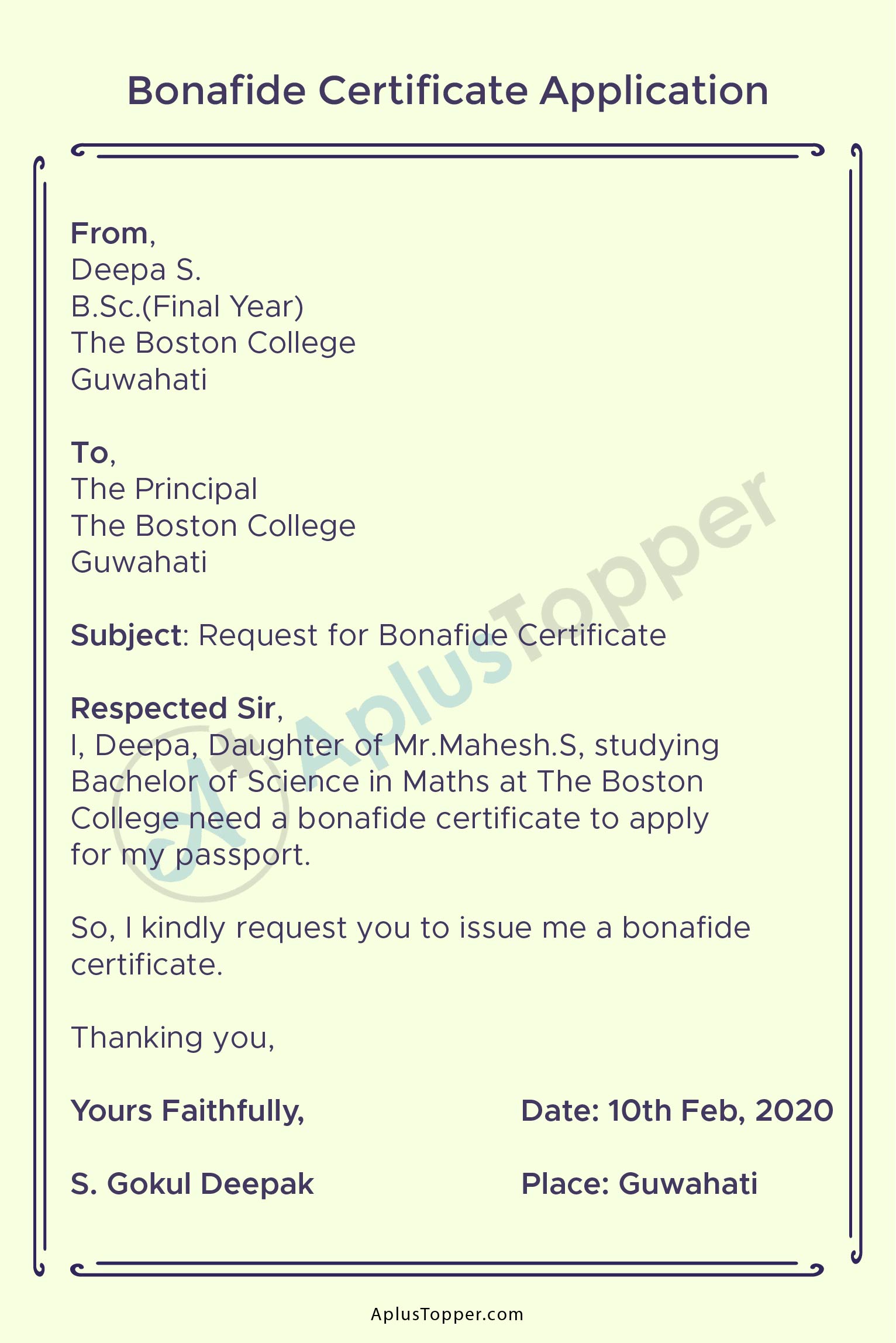 bonafide application letter in english