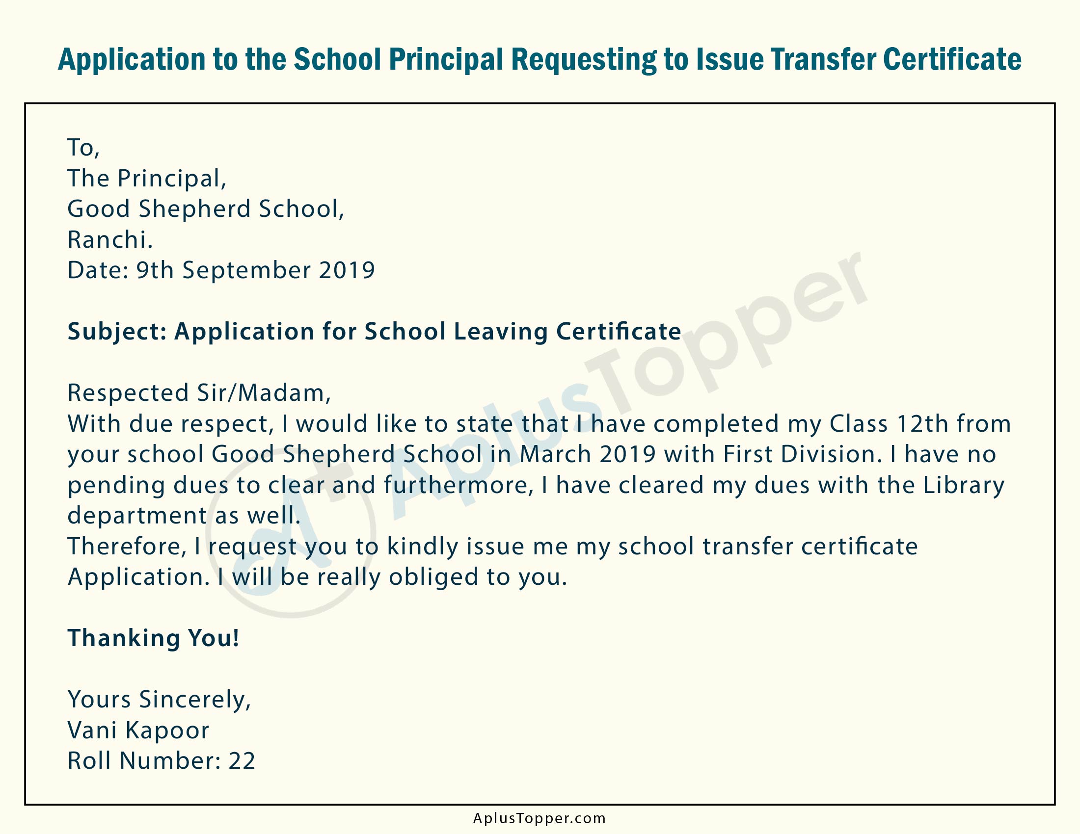 tc application letter format for school